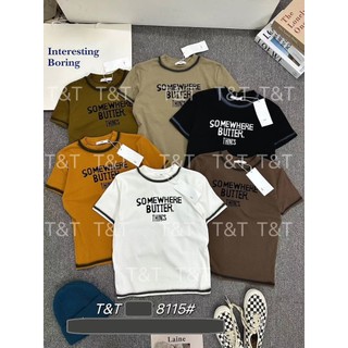 Áo thun nữ tay ngắn cổ tròn viền sọc in chữ somewhere hàng Quảng Châu chất cotton đẹp mát, áo phông mùa hè form vừa 8115