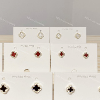 [Silbi A Accessories ] khuyên tai Hình Hoa, Khuyên tai cỏ 4 lá viền đá mạ vàng 18k