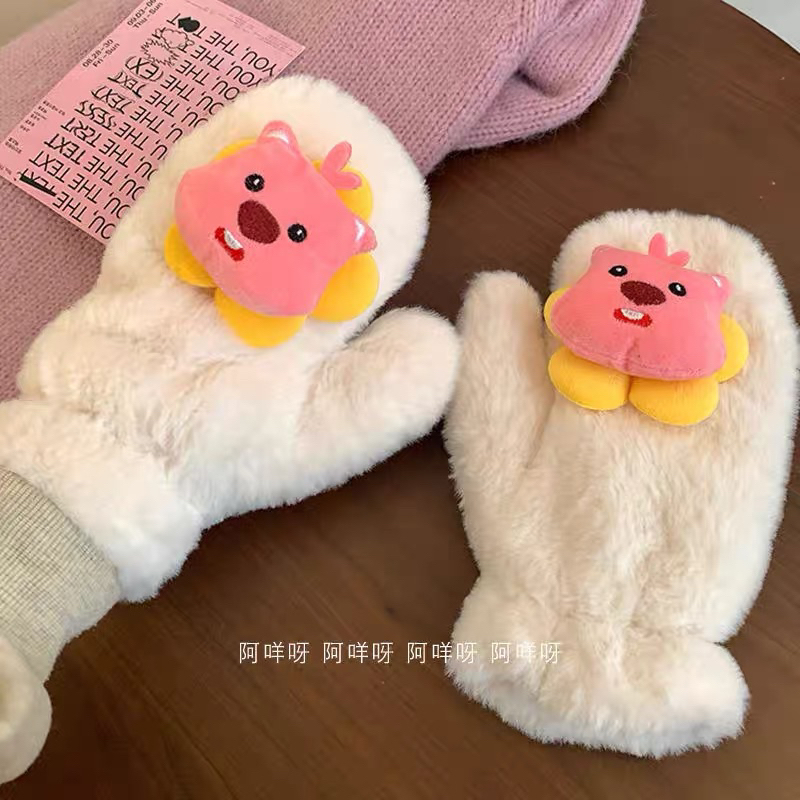 Găng tay Bông nữ hình  gấu dễ thương xinh xắn lông cừu dày dặn giá rẻ mẫu mới có dây