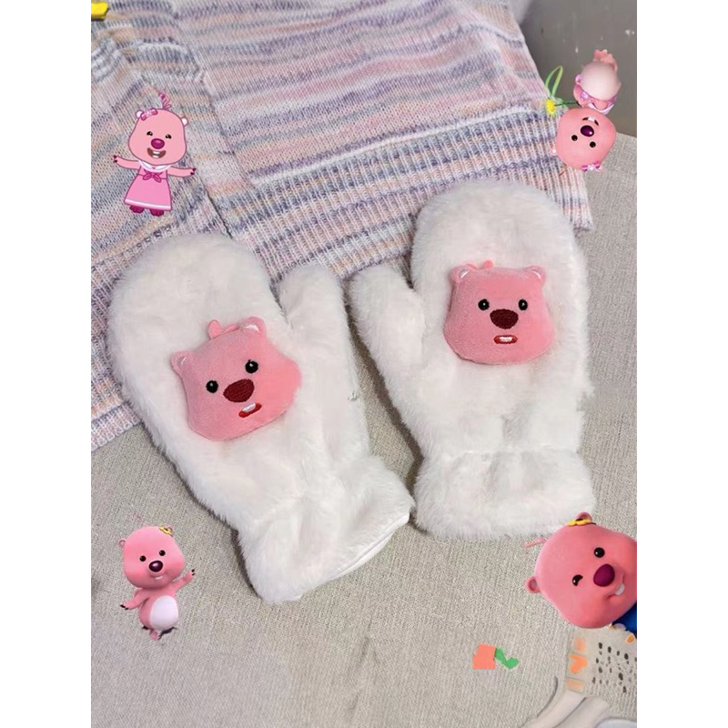 Găng tay Bông nữ hình  gấu dễ thương xinh xắn lông cừu dày dặn giá rẻ mẫu mới có dây