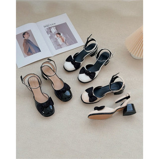 Giày Sandal Nữ Mary Jane Da Bóng Gót Vuông Phối Nơ Thời Trang CAO CẤP 