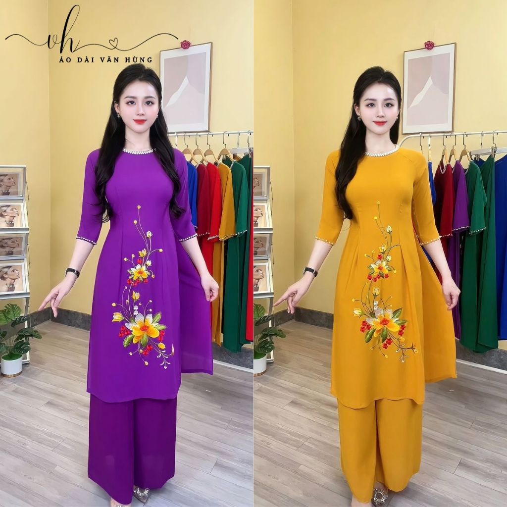 Bộ Áo Dài Cách Tân Đi Chùa Đi Hội Chất Liệu Lụa Tằm Cao Cấp Thêu Hoa Lan Đính Ngọc Mã AD19