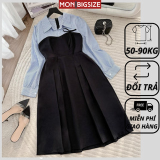 Váy bigsize nữ đầm dự tiệc đi chơi kiểu cổ sơ mi tay dài vải cotton lạnh MON big size 50 - 90kg