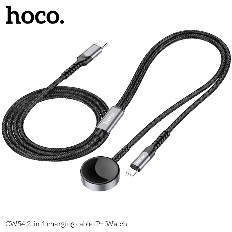 Cáp sạc kiêm sạc không dây cho đồng hồ Hoco CW54 sạc nhanh 20W,dòng 2 in1 với chân cắm Type C ra Linhning, sạc không dây
