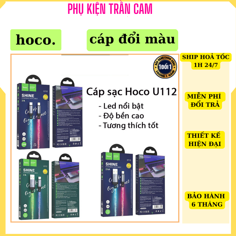 Cáp sạc nhanh HOCO U112 Shine 60W đèn LED chính hãng, dây dài 1m bền bỉ, bảo hành 6 tháng