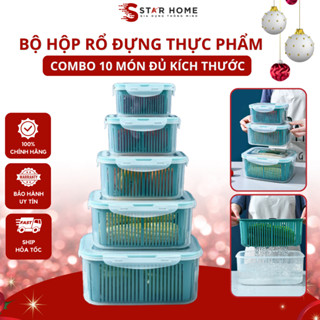 Bộ 5 hộp nhựa đựng thực phẩm, bộ 5 hộp nhựa bảo quản thực phẩm để tủ lạnh có nắp đậy kèm rổ