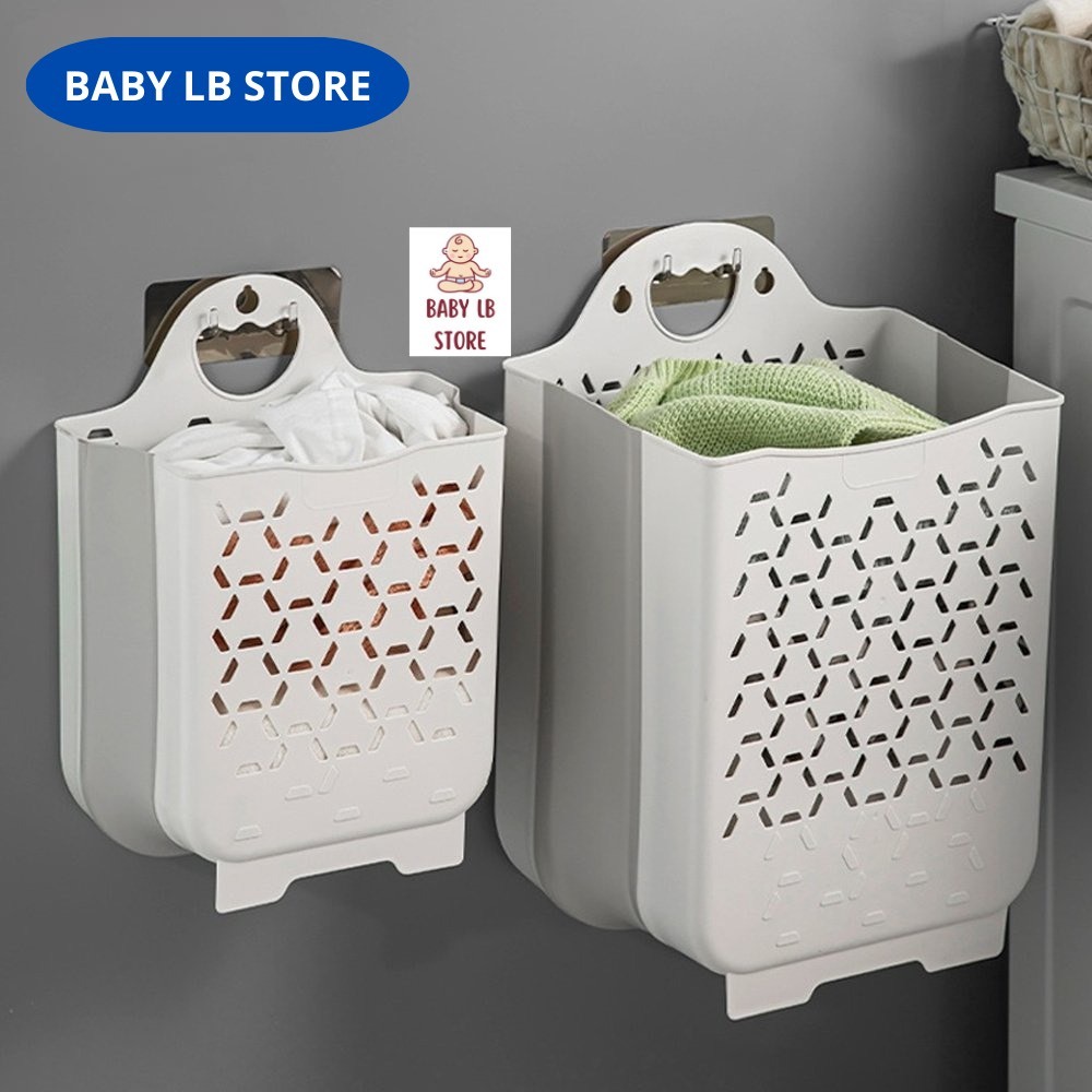 Giỏ đựng quần áo nhà tắm BabyLB có thể gấp gọn thiết kế tay cầm treo tường chất liệu nhựa dẻo TPR đi kèm miế
