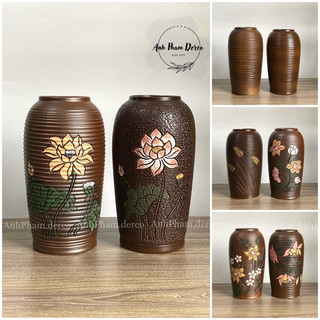Bình gốm cắm hoa để bàn dáng bom 27cm, men nâu mộc khắc hoạ tiết