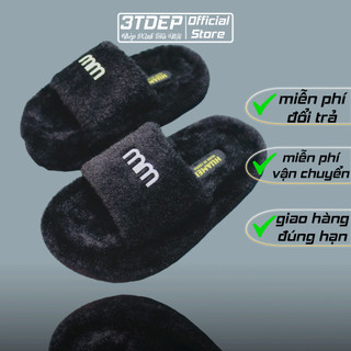 Dép lông nữ MM đính đá 3TDEP, đế cao 5cm, chất bông thỏ mịn, lùi 1 2 size