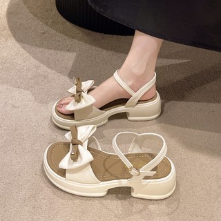 Giày sandal nữ mwc 2456 - giày sandal nữ da đính nơ tiểu thư phối màu xinh xắn