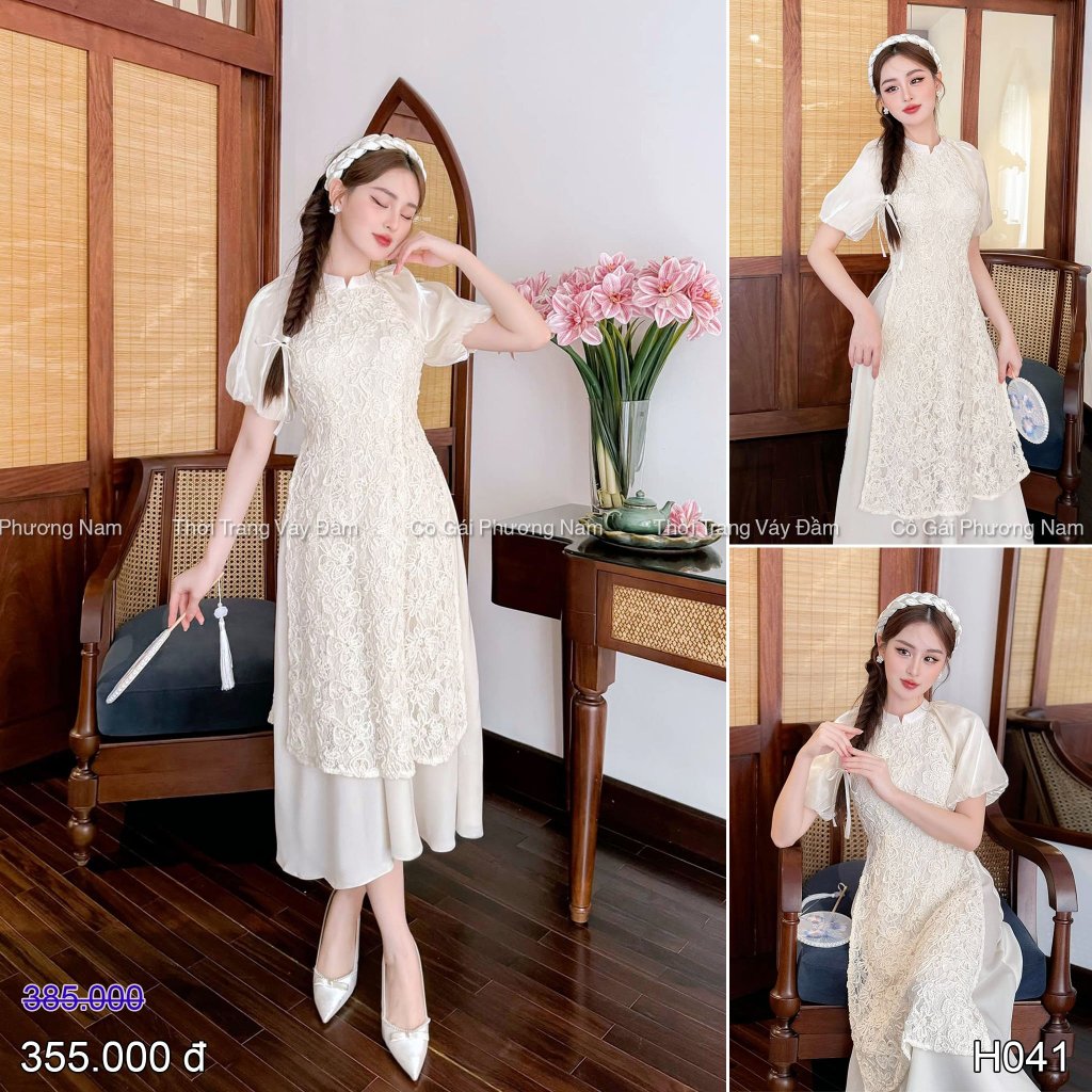 H041 Áo dài cách tân ren hoa mai tay voan phồng kèm chân váy