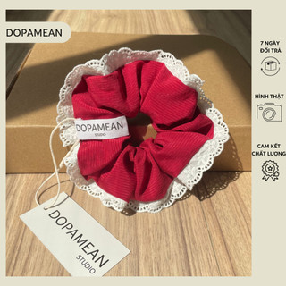 Scrunchie Rubi handmade màu đỏ phối ren cotton thêu