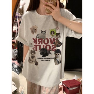 2024 Focus local brand xám con mèo in ấn áo thun nữ form rộng cổ tròn unisex tee ulzzang 100%cotton