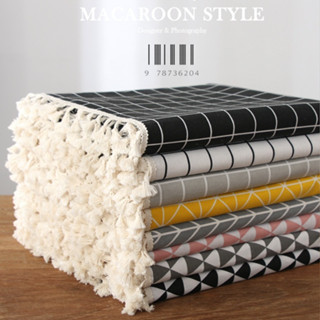 (75*150/ 50*100CM) Khăn vải canvas chữ nhật viền ren tua rua vintage. Khăn phủ bàn học sinh, tủ lạnh