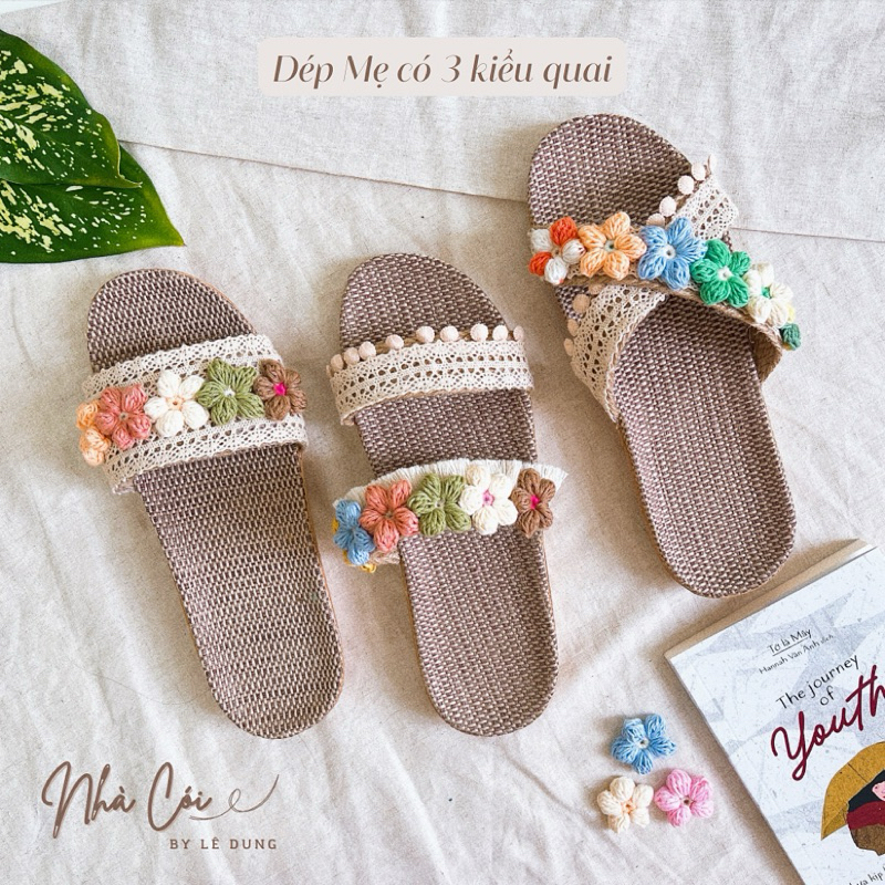 Dép cói phối Hoa Len Tua rua ĐỘC QUYỀN siêu nhẹ bền, đi du lịch biển, mang trong nhà