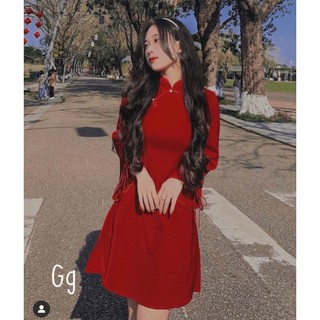 đầm nhung suông ngắn cổ tàu tay dài cột nơ