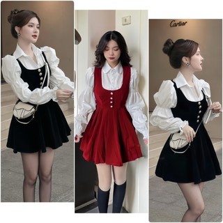 Sét váy yếm nữ gồm áo sơ mi chun tay + yếm nhung cúc vàng tay dài