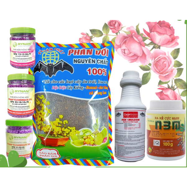 Combo phân bón chăm sóc hoa hồng cho nhiều hoa (3 Rynan 200 210 220 150gr phân dơi 150, N3M 100gr 1 Fish Emulsion 250ml)