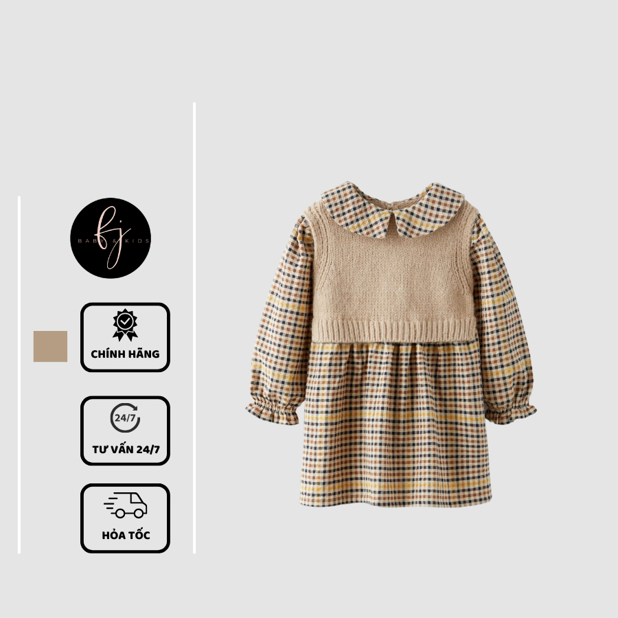 ZARA Auth Váy kẻ nâu đầm đi chơi bé gái 9 tháng đến 6 tuổi