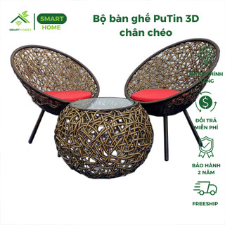 Bộ bàn ghế PuTin 3D chân chéo gồm 1 bàn và 2 ghế giả mây lõi thép dùng thư giãn trang trí sân vườn ban công