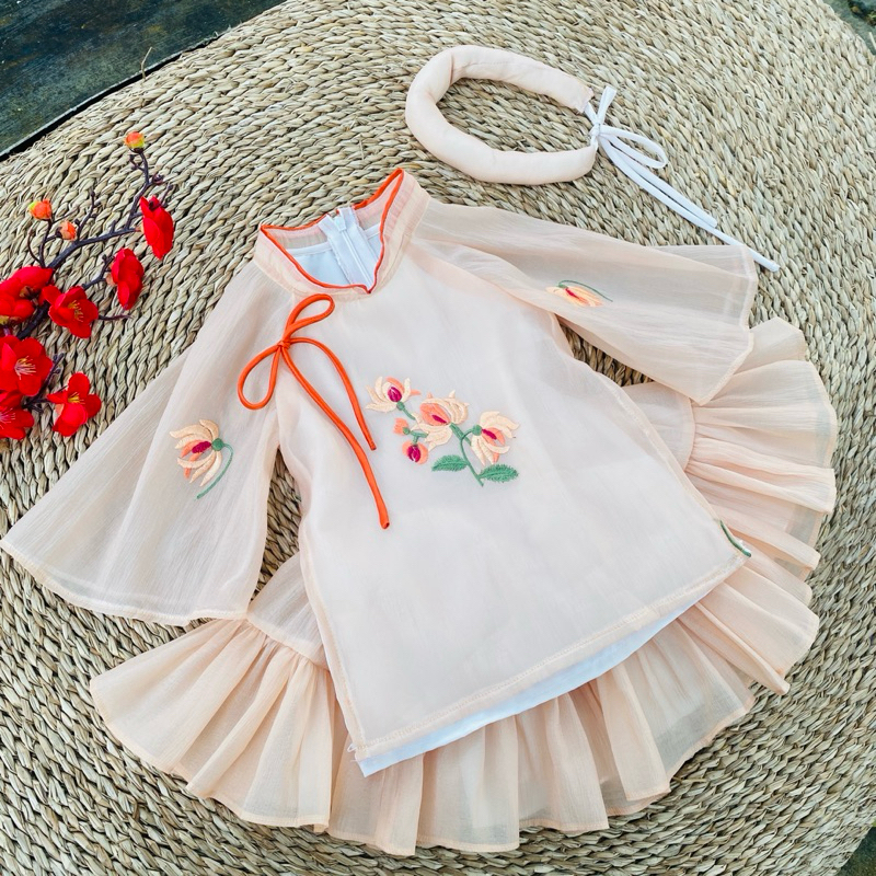 Set áo dài kem hoa thêu hoa thanh cúc cho bé gái, áo dài cho bé gái