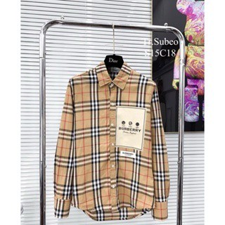 Áo sơ mi nam nữ Burberry dài tay kẻ caro sọc màu be dập mác logo in chất liệu cotton cao cấp
