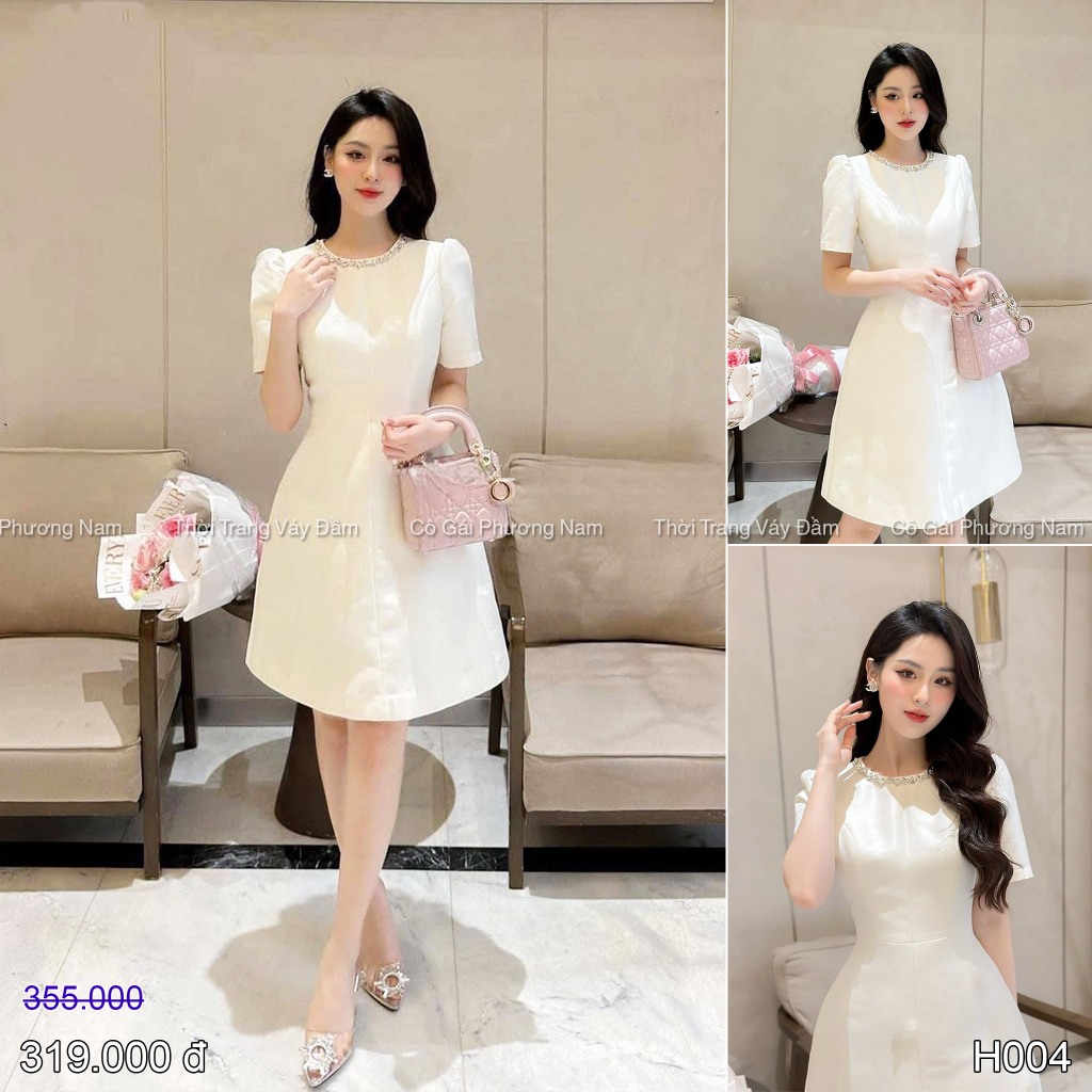 H004 Đầm xòe midi cổ tròn đính đá - trắng