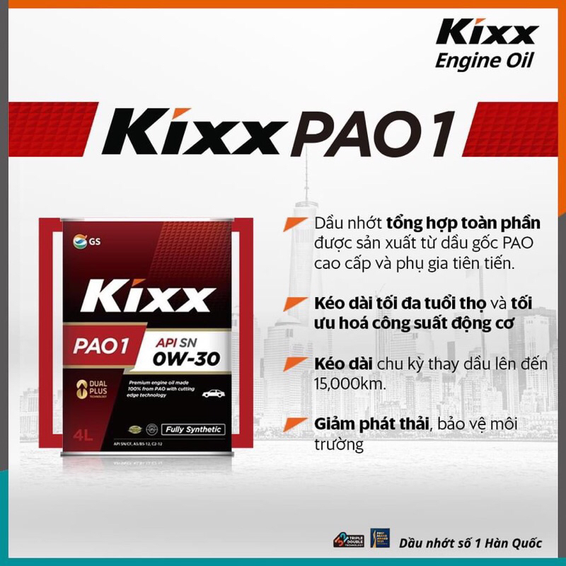 Kixx PAO 1 SN 0W30 (Can thiếc 4L) - Dầu động cơ cao cấp 100% từ Poly-alpha-olefin (PAO) bằng công nghệ tiên tiến nhất