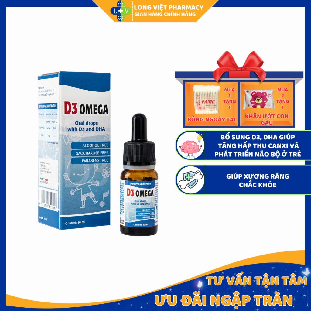 Siro D3 Omega, Bổ Sung Vitamin D3 Và DHA Giúp Phát Triển Chiều Cao Và Trí Não Cho Trẻ, Lọ 10ml