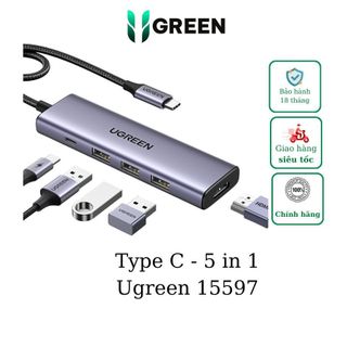 Bộ chuyển type c to hdmi + 3*usb 3.0 + pd power 4k@60hz ugreen 15597