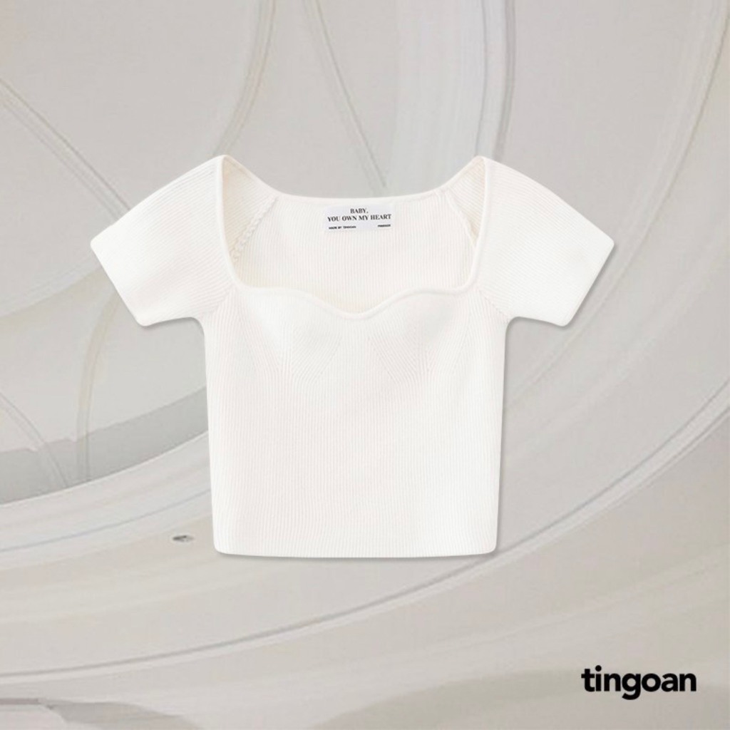 TINGOAN® HCM - Áo crop len mỏng lượn viền màu trắng DATE MAKER/WH