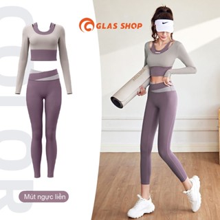 Đồ Tập Gym Yoga Nữ Áo Thun Dài Tay Có Mút Ngực GLASSHOP GL7 Bộ Thể Thao Nữ Quần Dài