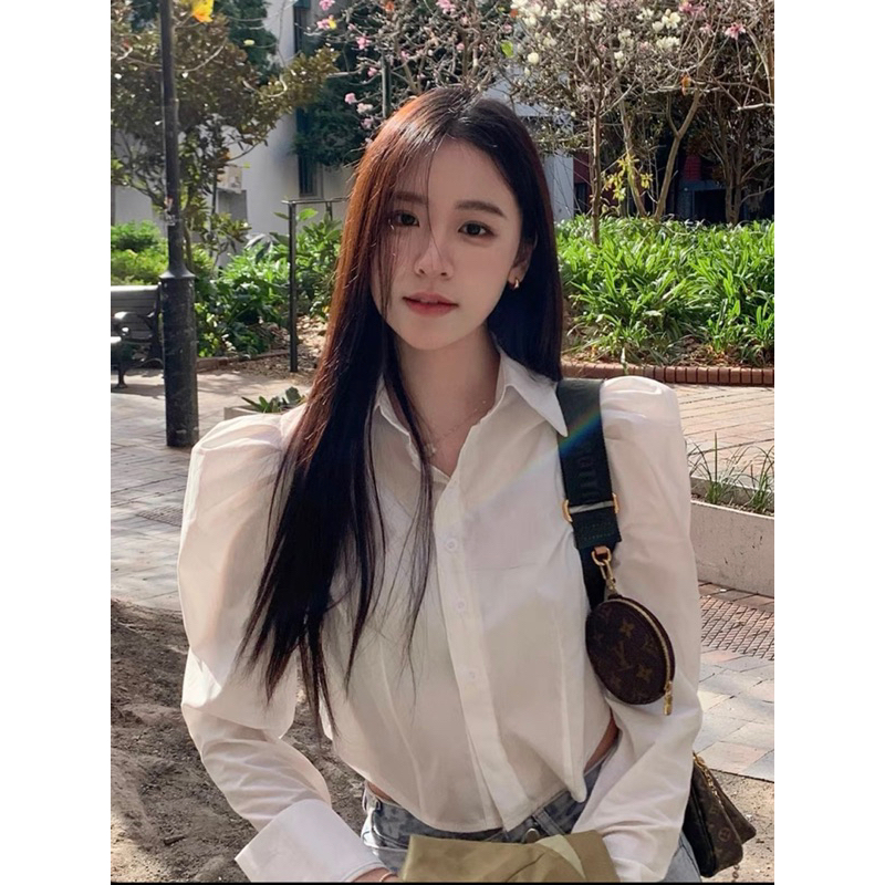 Áo sơ mi croptop nữ tay dài, áo Sơ mi dáng ngắn tay phồng Ulzzang Hàn Quốc Dumi Clothing