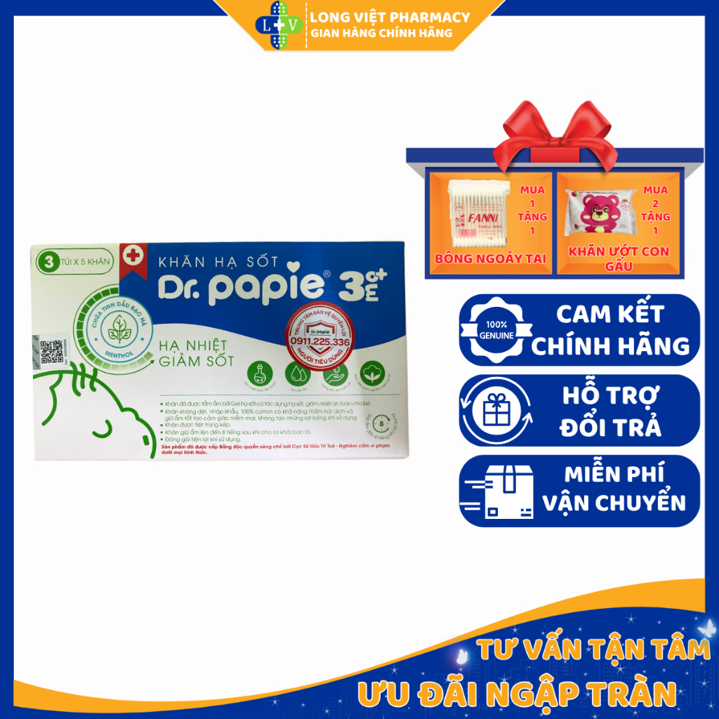 Khăn Lau Hạ Sốt Dr Papie 3+,Thải Nhiệt Hạ Sốt Chuẩn Nhi Khoa