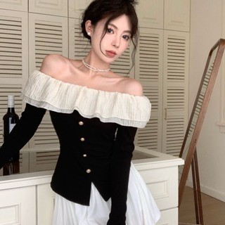 Áo thun tay dài trễ vai phối cổ rèm bèo chiết eo co giãn phong cách Hàn Quốc Hottrend (CÓ BIG SIZE) SP56