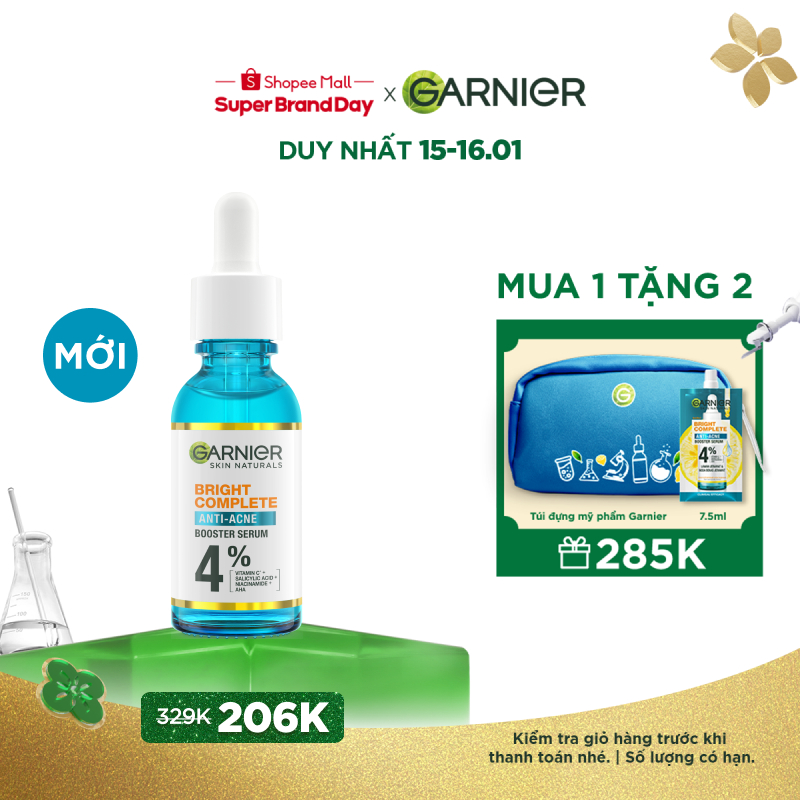 Dưỡng chất cho da dầu mụn Garnier Bright Complete Anti-Acnes Booster Serum 4%  30ml
