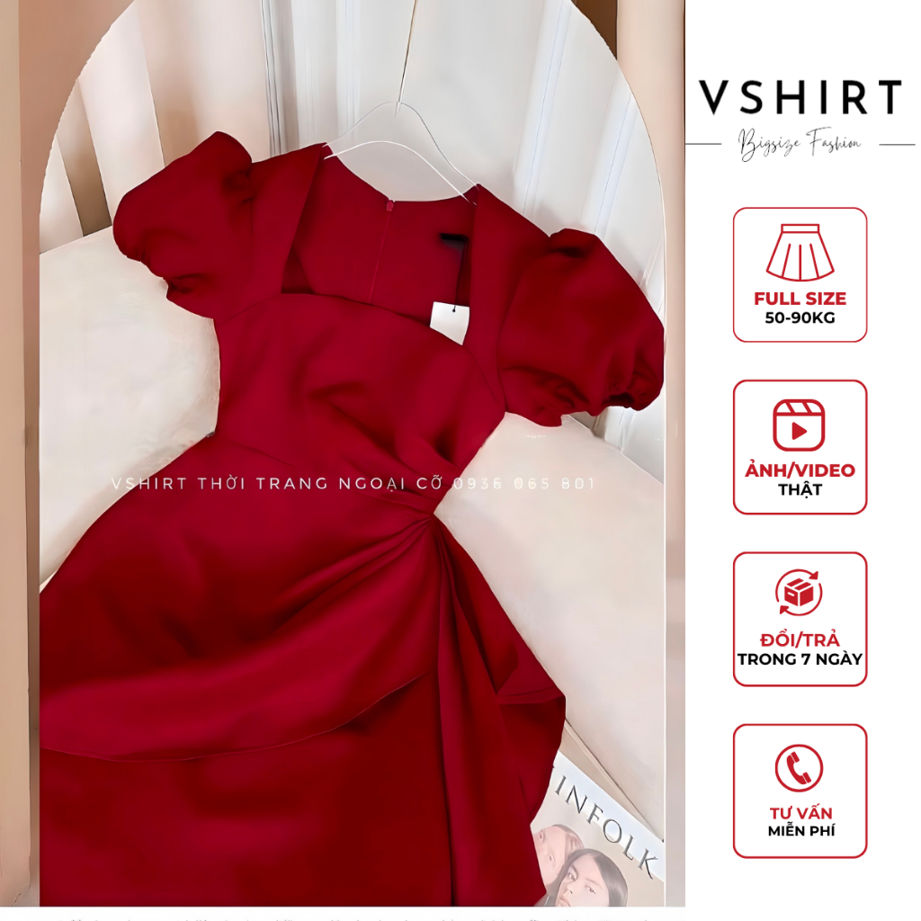 Váy đỏ nhún eo bigsize (50kg đến 90kg) VSHIRT