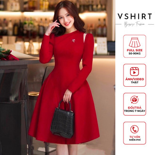 Váy đỏ hở chéo vai tay dài bigsize VSHIRT
