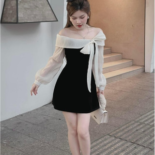 Váy nhung trễ vai buộc nơ phối tay bồng tiểu thư