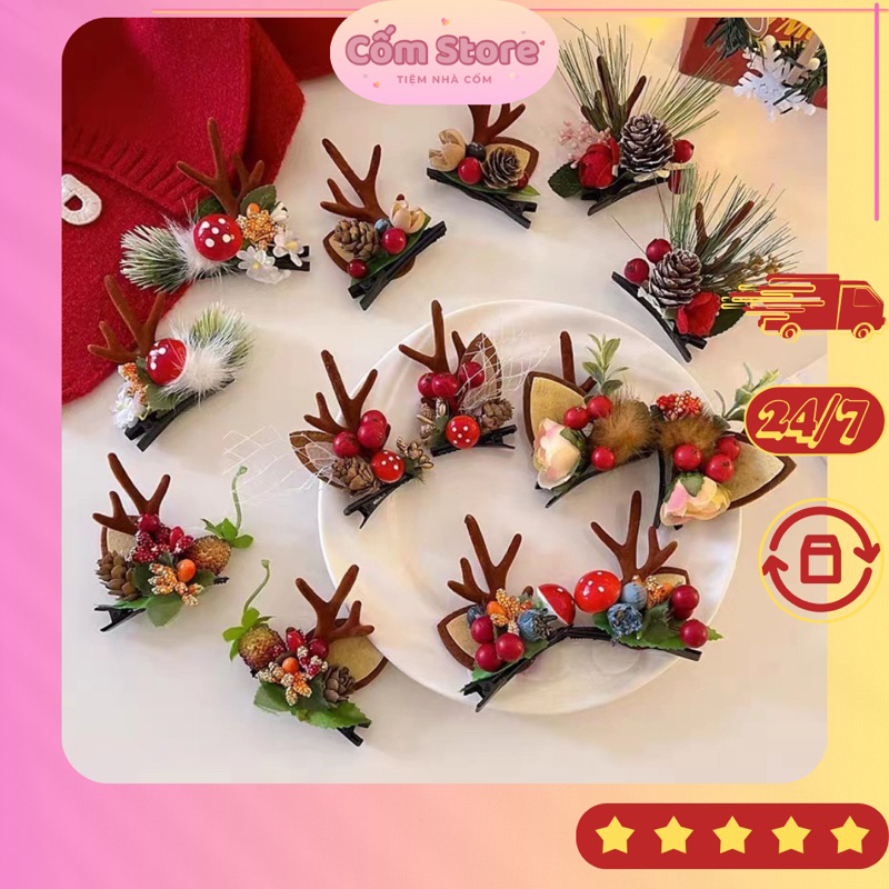 Kẹp tóc Noel - Set kẹp tóc Noel cho bé gái - Set kẹp chi tiết sừng hươu, ông già Noel