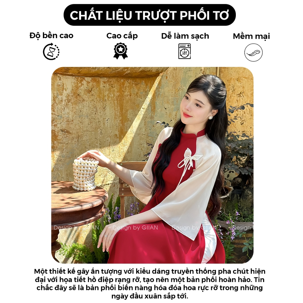 Áo dài cách tân nữ đẹp Giian thiết kế cổ tròn tay loe trẻ trung đính hồ điệp vải trượt cao cấp đi chơi, đi dạy AD0616 | BigBuy360 - bigbuy360.vn
