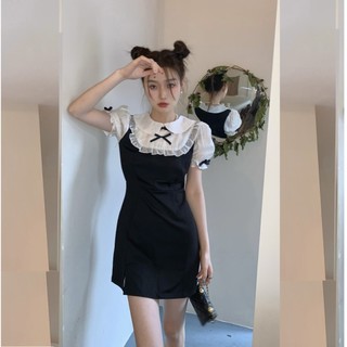 Đầm Tiểu Thư Phồi Màu Đen Trăng - Váy sơ mi yếm VD075