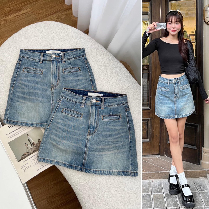 Chân váy jeans cotton túi mổ (có lót quần)