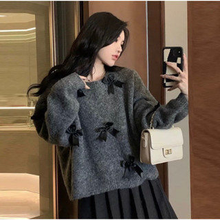   Hình Thật - 1476  Áo len Nơ Xám dáng ngắn form rộng len dày dặn Lilis Rô 