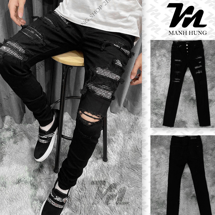 Quần Jean Nam Đính Đá Đen 4 Cúc Amiri Quần Jean Skinny Amiri Phối Đá Ánh Kim Hàng Quảng Châu Cao Cấp
