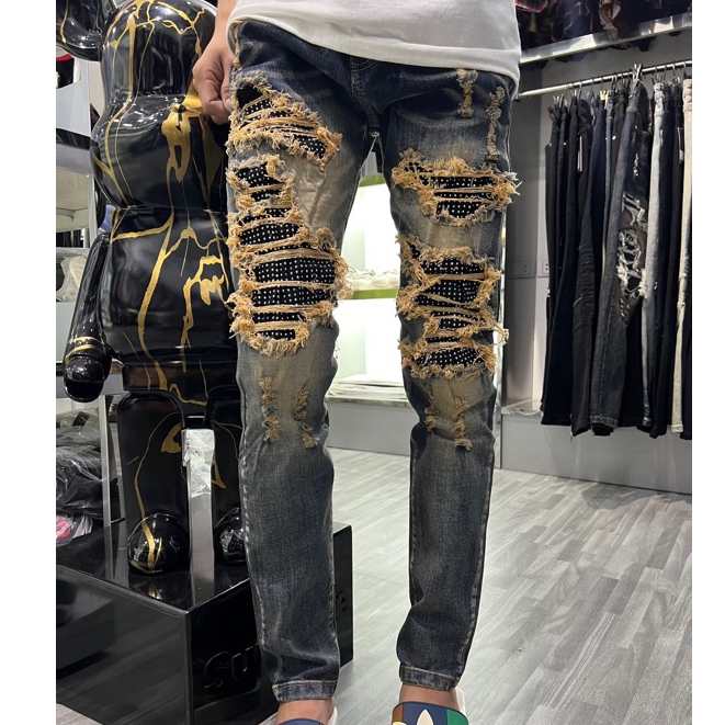 Quần Jean Xanh Rêu Đính Đá Vintage Lót Da Bản Chuẩn Like_AU , Quần Jean Nam Vladak rách Xù Viền đính đá