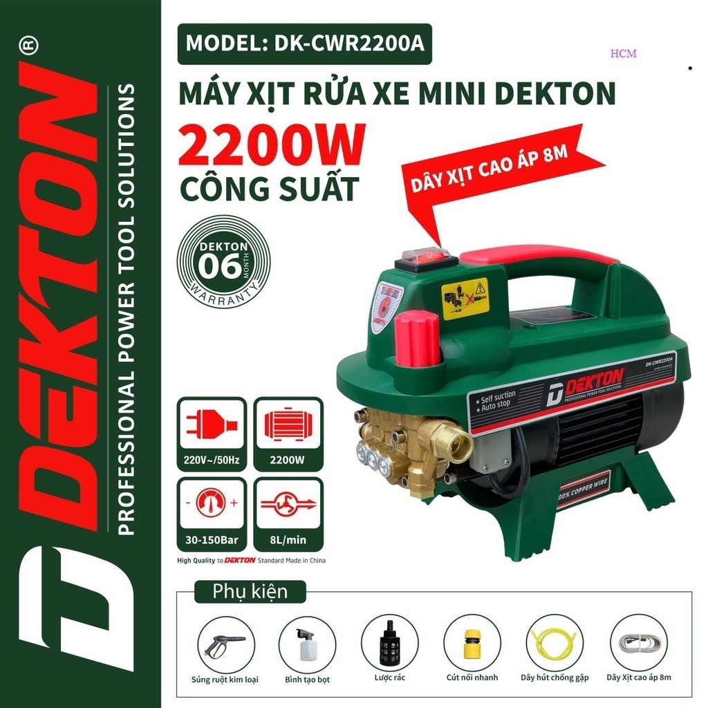 Máy Xịt Rửa Xe Dekton DK-CWR2200A - 2200W - Có chỉnh áp lực - Motor Từ Lõi Đồng 100% - Gắn Công Tắc Chống Giựt