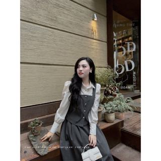 Chân váy xếp ly ghi dài C'est lavie