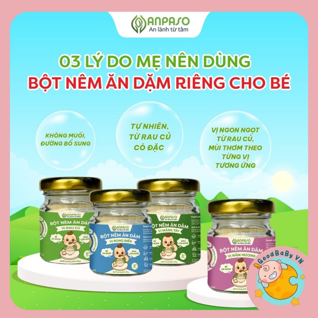 Hạt Nêm Cho Bé Ăn Dặm Anpaso 6m+ Bột Nêm Rau Củ, Gia vị ăn dặm cho bé 60g Goodbabyvn