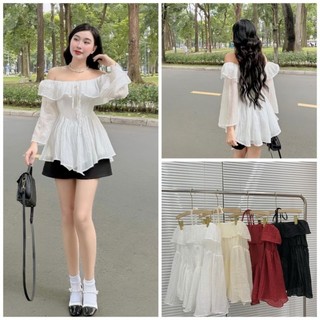   A236  ÁO TƠ NHĂN XÒE TRỄ VAI BÈO CHIẾT EO metwo.dearu - Áo babydoll ngang vai 2 lớp buộc nơ dáng xòe tôn eo ulzzang HQ 